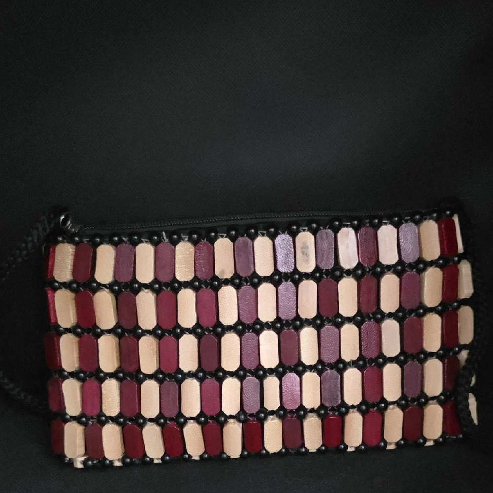 African Wooden Square Crossbody Purse in Natural and Burgundy - Picture 8 of 9